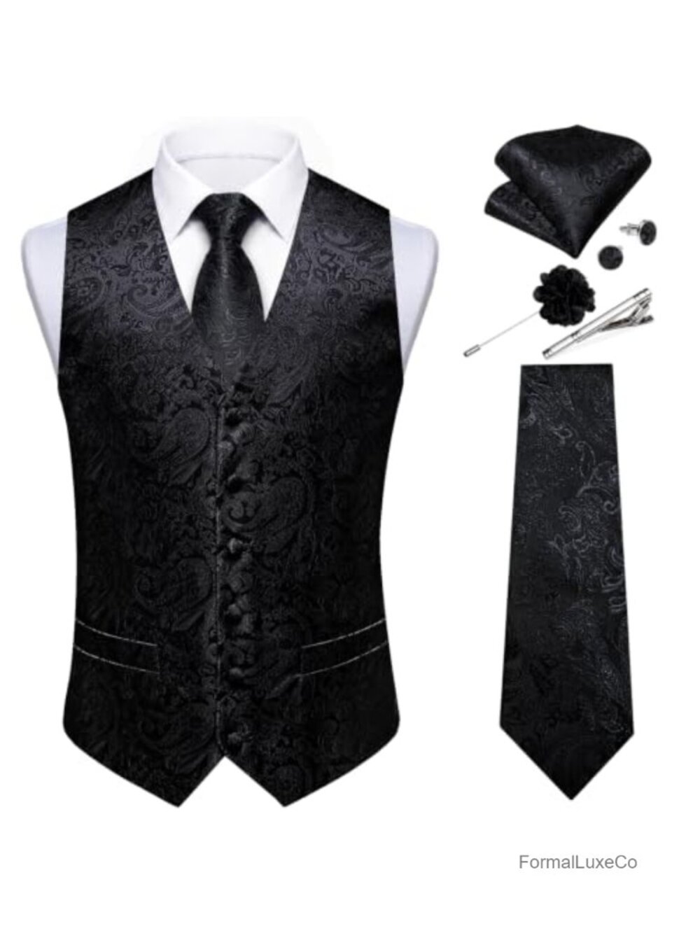 Mens Silk Paisley Vest Tie Set 6pc Waistcoat Wedding Formal Dress